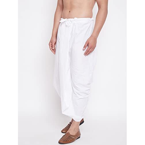 Vastramay Men's White Pure Cotton Ready-To-Wear Dhoti Traditional Pattern With Drawstring Waistband For Festive, Wedding, And Casual Wear