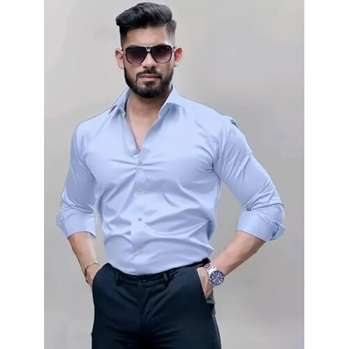 Indoprimo Formal Shirt For Men || Shirt For Men || Men Stylish Shirt || Men Plain Shirt || Men Solid Shirt (Medium, Sky)