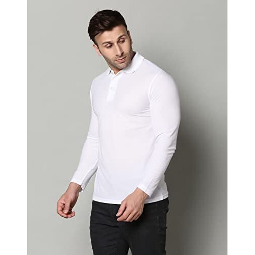 Inkkr Full Sleeve Men's Solid Polo Neck T-Shirt White (Size-L)
