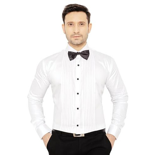 Globalrang Men's Slim Fit Formal White Satin Cotton Classic Tuxedo Dress Shirt With Bow Tie And Long Sleeve-M