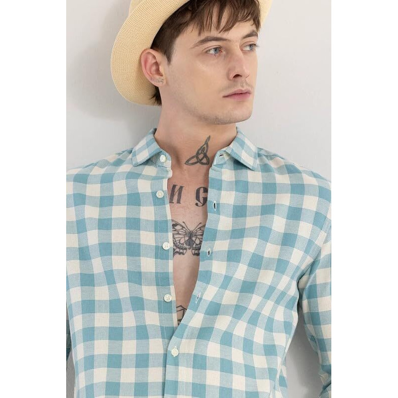 Men's Cotton Casual Printed Checkered Stylish Latest Shirt For Men (Lightblue Xx-Large)