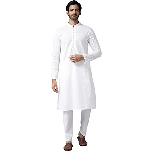 See Designs Mens Kurta | Specially Crafted And Designed For The Eid Festival White Cotton Embroidered Kurta Mandarin Collar Long Sleeves Chikankari Kurta | Sdkt1093Xl