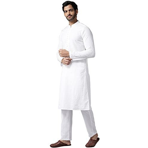 See Designs Mens Kurta | Specially Crafted And Designed For The Eid Festival White Cotton Embroidered Kurta Mandarin Collar Long Sleeves Chikankari Kurta | Sdkt1093Xl