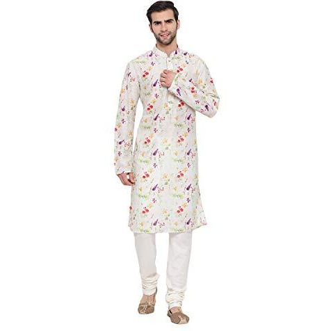 Vastramay Men's Cream Cotton Blend Kurta Pyjama Set | Perfect Spring Edit Floral Design Digitally Printed Kurta With Bling Buttons And Singara Border Along With Relaxed Pyjama.
