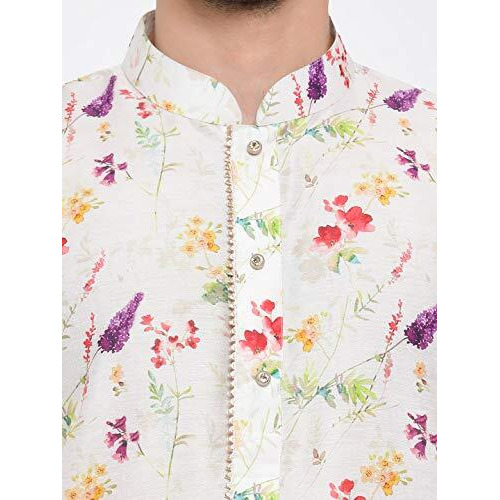 Vastramay Men's Cream Cotton Blend Kurta Pyjama Set | Perfect Spring Edit Floral Design Digitally Printed Kurta With Bling Buttons And Singara Border Along With Relaxed Pyjama.