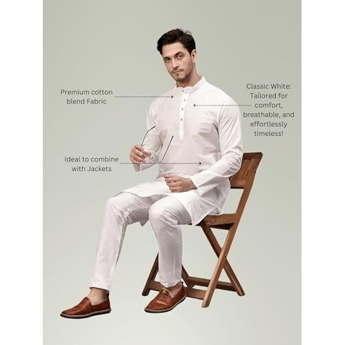 Stitchyard Men's Cotton Blend Solid Kurta Pyjama Set With Full Sleeves, Regular Fit, Pajama Included In Package (36, White)