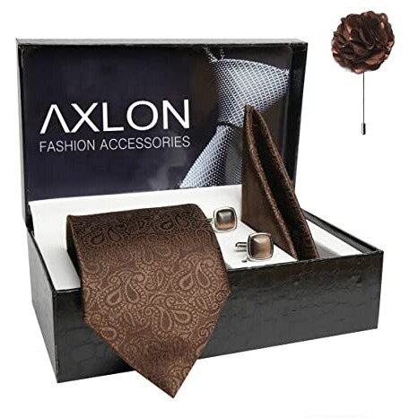 Axlon Mens Plaid Paisley Silk Necktie Gift Set With Pocket Square Cufflinks & Brooch Pin Tie For Men Formal With Leatherite Box (Brown Jcbnrx Free Size)