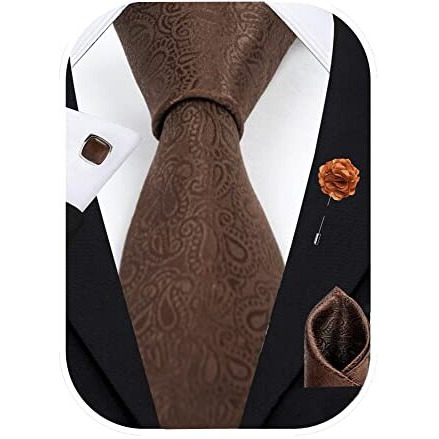 Axlon Mens Plaid Paisley Silk Necktie Gift Set With Pocket Square Cufflinks & Brooch Pin Tie For Men Formal With Leatherite Box (Brown Jcbnrx Free Size)