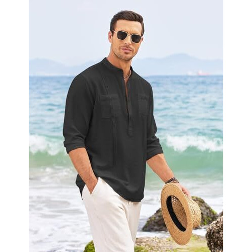 Macsivo Cotton Blend Solid Casual Short Kurta For Men Long Sleeve Mandarin Collar Stylish Shirt Kurta For Men Black