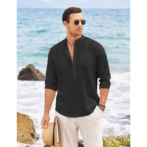 Macsivo Cotton Blend Solid Casual Short Kurta For Men Long Sleeve Mandarin Collar Stylish Shirt Kurta For Men Black