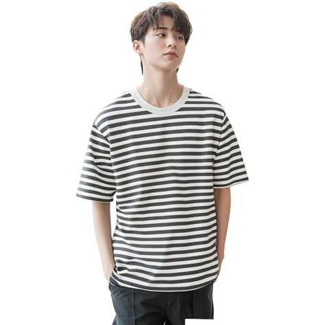 Mack Jonney Oversized | Loose Fit | Half Sleeves 100% Cotton Round Neck Striped T-Shirt For Men-Mack640587 Grey
