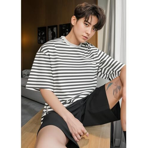 Mack Jonney Oversized | Loose Fit | Half Sleeves 100% Cotton Round Neck Striped T-Shirt For Men-Mack640587 Grey
