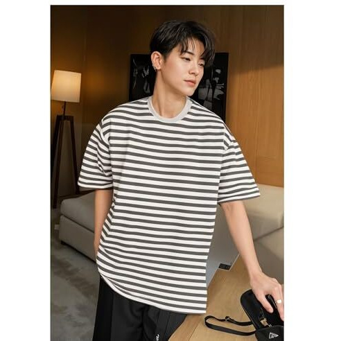 Mack Jonney Oversized | Loose Fit | Half Sleeves 100% Cotton Round Neck Striped T-Shirt For Men-Mack640587 Grey