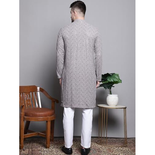 Jompers Men's Sequin Embroidered Pure Cotton Kurta With Pyjamas (Grey, L)