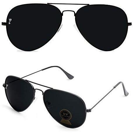 Campeon Unisex Uv Protected Aviator Black Frame Black Glass Sunglasses With Attractive Case- Pack Of 1 (Large)