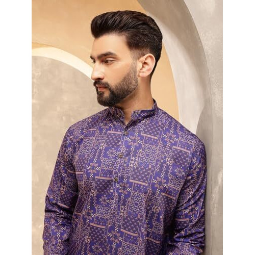 Sojanya (Since 1958 Men's Cotton Linen Geometric Printed Purple Only Long Kurta