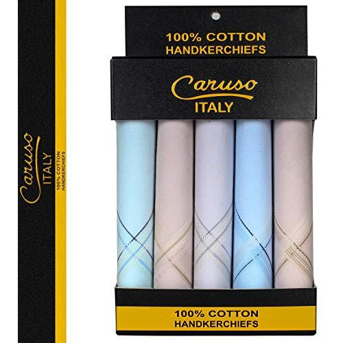 Caruso Italy Men's Luxury 100% Pure Cotton Handkerchief Light Base With Colored Border - Pack Of 5