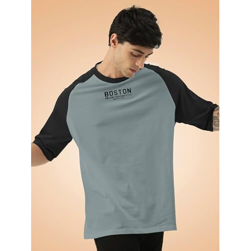 Maniac Mens Printed Round Neck Raglan Half Sleeve Light Grey And Black Cotton Oversized Tshirt