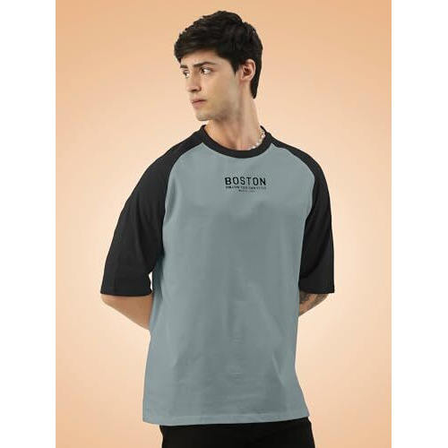 Maniac Mens Printed Round Neck Raglan Half Sleeve Light Grey And Black Cotton Oversized Tshirt