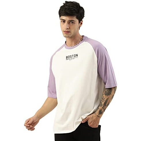 Maniac Mens Printed Round Neck Raglan Half Sleeve White And Purple Cotton Oversized Tshirt