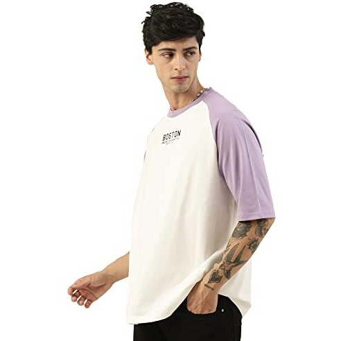 Maniac Mens Printed Round Neck Raglan Half Sleeve White And Purple Cotton Oversized Tshirt