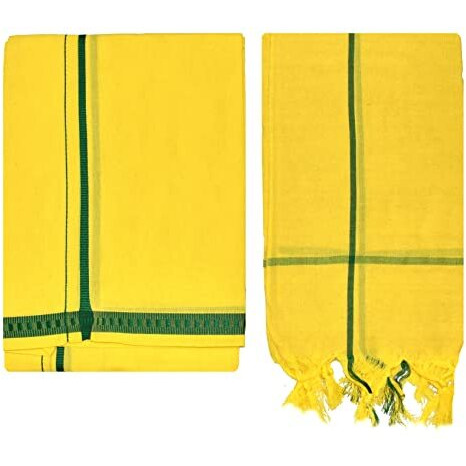 Tuni Mani Men's Polycotton Temple Wear Dhoti With Angavastharam Towel (Lemon Yellow)