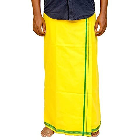 Tuni Mani Men's Polycotton Temple Wear Dhoti With Angavastharam Towel (Lemon Yellow)