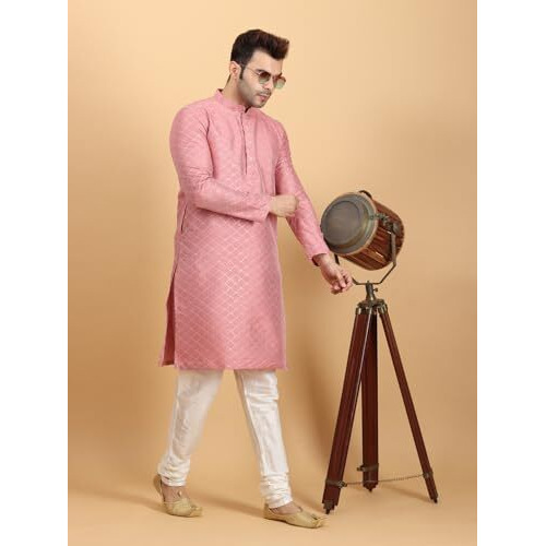 Ethluxis Men's Silk Blend Embroidered Kurta With White Churidar Set (42, Dark Pink)