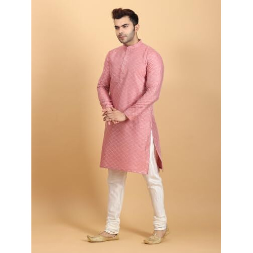 Ethluxis Men's Silk Blend Embroidered Kurta With White Churidar Set (42, Dark Pink)