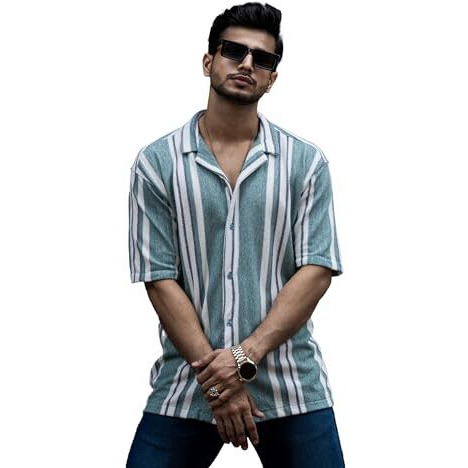 Maniac Mens Striped Collar Neck Half Sleeve Jacquard Oversized Shirt Green