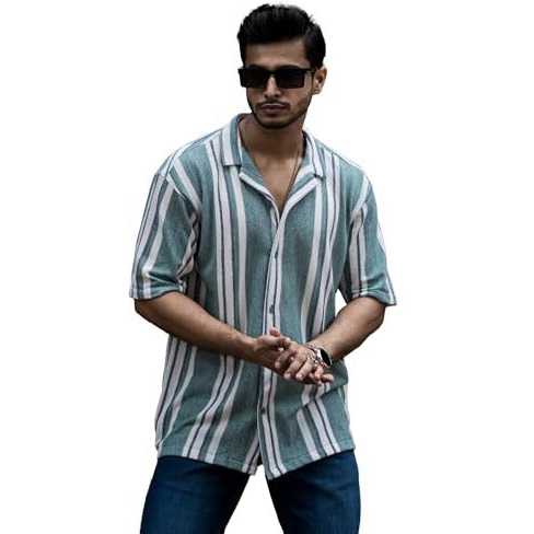 Maniac Mens Striped Collar Neck Half Sleeve Jacquard Oversized Shirt Green