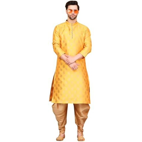 Over Crowd Men New Look Gold Leaves Jacquard Kurta & Salwar Set (Yellow & Gold)Size40