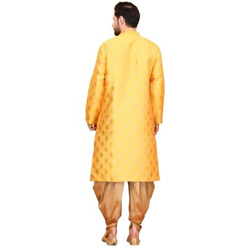 Over Crowd Men New Look Gold Leaves Jacquard Kurta & Salwar Set (Yellow & Gold)Size40