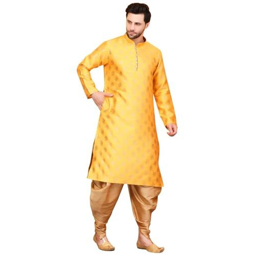 Over Crowd Men New Look Gold Leaves Jacquard Kurta & Salwar Set (Yellow & Gold)Size40
