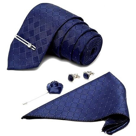 Louis Stitch Mens Marine Blue Italian Silk Necktie Set Incl Pocket Square Cufflinks Chrome Tiepin Brooch American Style Formal Tie Gift Set For Men (Bu037Cp)