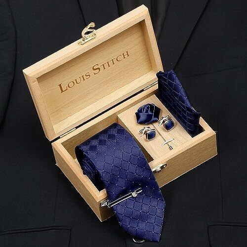 Louis Stitch Mens Marine Blue Italian Silk Necktie Set Incl Pocket Square Cufflinks Chrome Tiepin Brooch American Style Formal Tie Gift Set For Men (Bu037Cp)