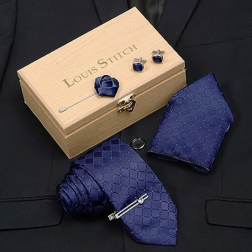 Louis Stitch Mens Marine Blue Italian Silk Necktie Set Incl Pocket Square Cufflinks Chrome Tiepin Brooch American Style Formal Tie Gift Set For Men (Bu037Cp)