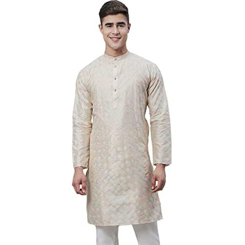 Sojanya (Since 1958 Men's Silk Blend Cream Kurta With Multi Color Embroidery