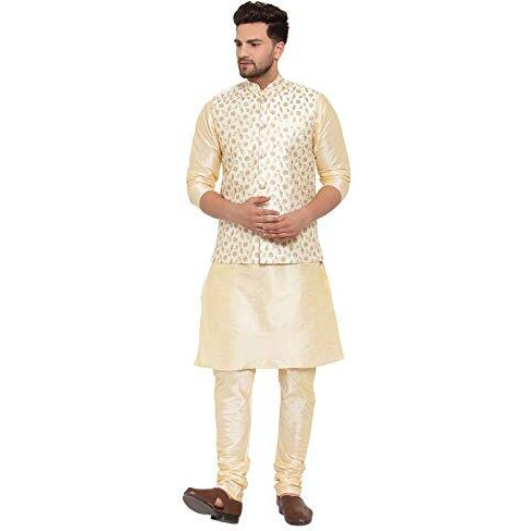Kraft India Men's Stylish Silk Solid Kurta With Churidar & Nehru Jacket Set (Color-Fawn With Cream, Size-42)