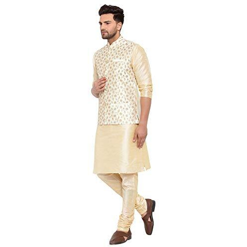 Kraft India Men's Stylish Silk Solid Kurta With Churidar & Nehru Jacket Set (Color-Fawn With Cream, Size-42)