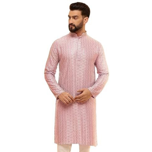 Sojanya (Since 1958 Men's Cotton Rayon Shiny Thread Sequinned Pink Only Long Kurta