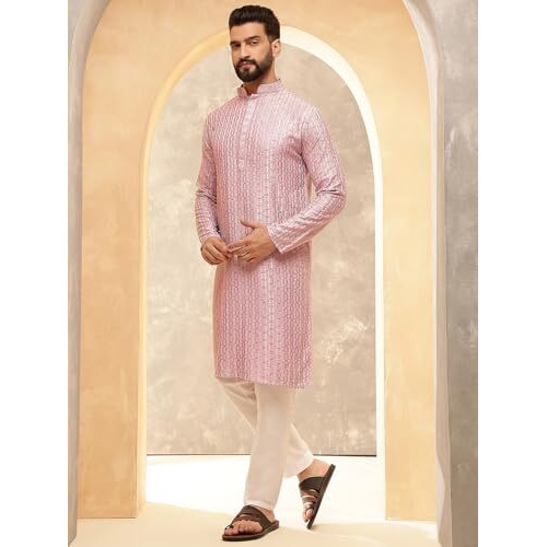 Sojanya (Since 1958 Men's Cotton Rayon Shiny Thread Sequinned Pink Only Long Kurta