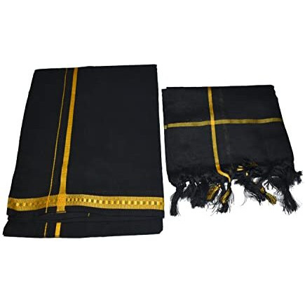 Success Stationery Cottonism Black Colour Single Dhoti | Kerala Mundu For Men Cotton With Matching Towel For Sabarimala Vratham Ayyappa Swamy Dress