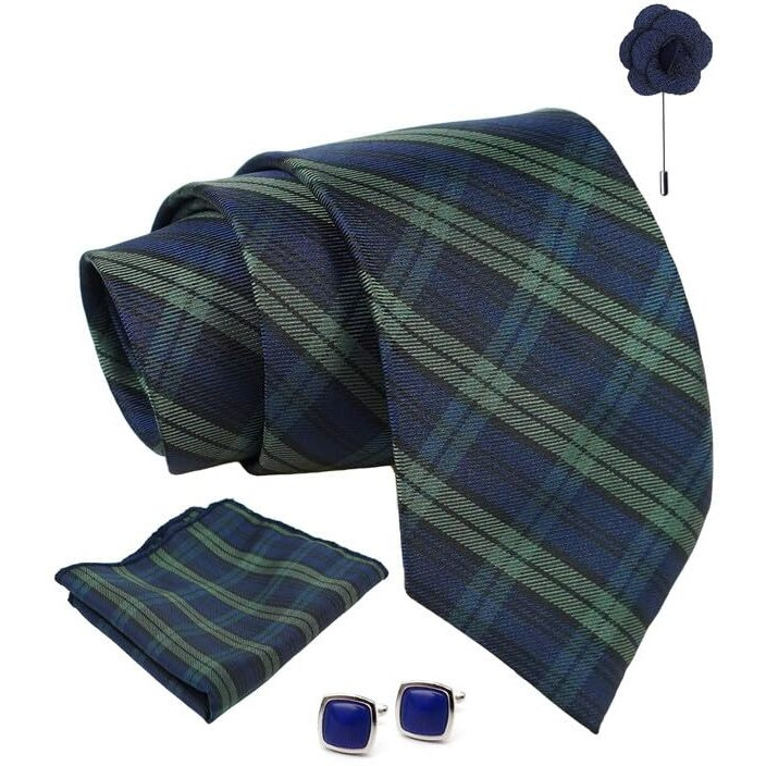 Axlon Navy Blue Checkered Tie For Men  Formal Ties Set With Pocket Square & Tie Pin Clip For Mens, Silk Neckties Gift Sets For MenS (Ax24_25)
