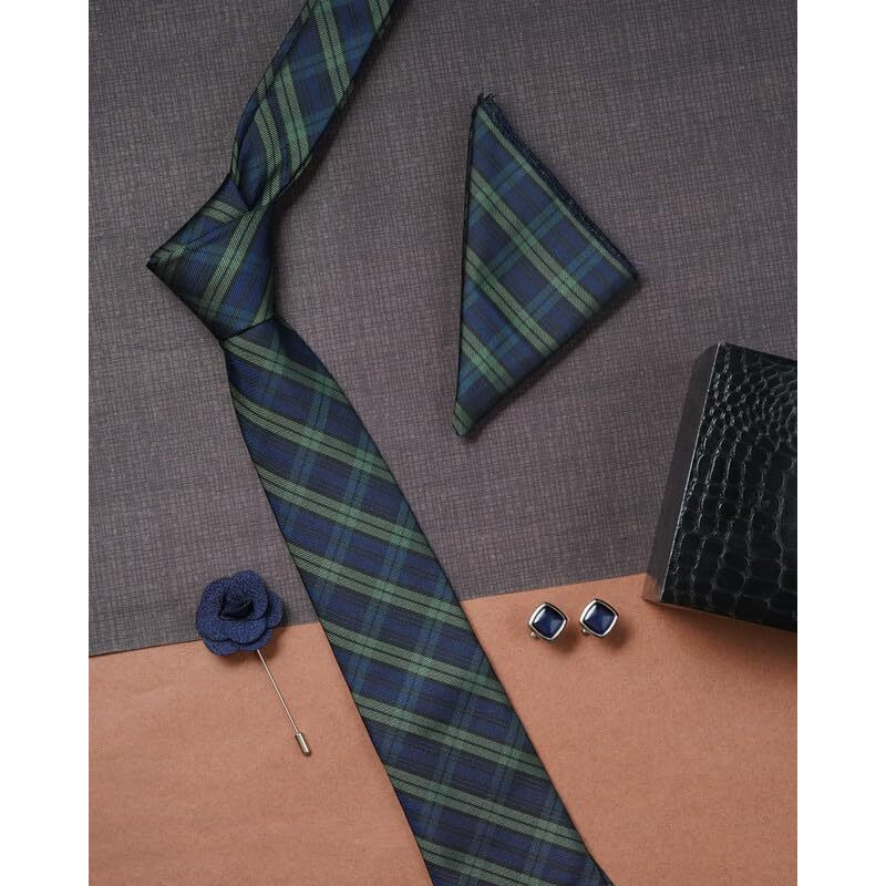 Axlon Navy Blue Checkered Tie For Men  Formal Ties Set With Pocket Square & Tie Pin Clip For Mens, Silk Neckties Gift Sets For MenS (Ax24_25)