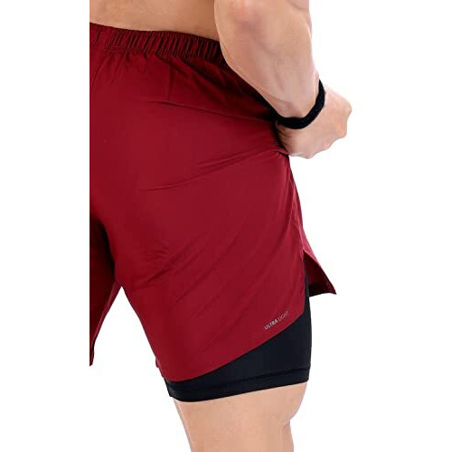 Fuaark Double Layer 2 In 1 Sports Shorts With Inner Tights For Men Gym Tight Short With Pocket (Medium, Maroon)