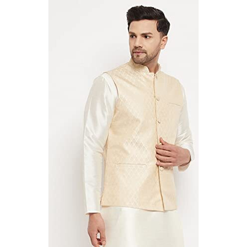Vastramay Vm Mens Silk Blend Cream Nehru Jacket - Timeless Style & Versatility | Banarasi Brocade Woven Jaquard Modi Jacket | Ethnic Sleeveless Coat For Formal & Casual Wear_Vasmj005Cr_40