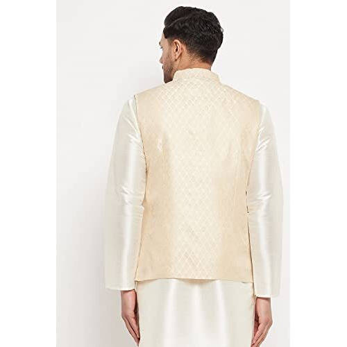 Vastramay Vm Mens Silk Blend Cream Nehru Jacket - Timeless Style & Versatility | Banarasi Brocade Woven Jaquard Modi Jacket | Ethnic Sleeveless Coat For Formal & Casual Wear_Vasmj005Cr_40