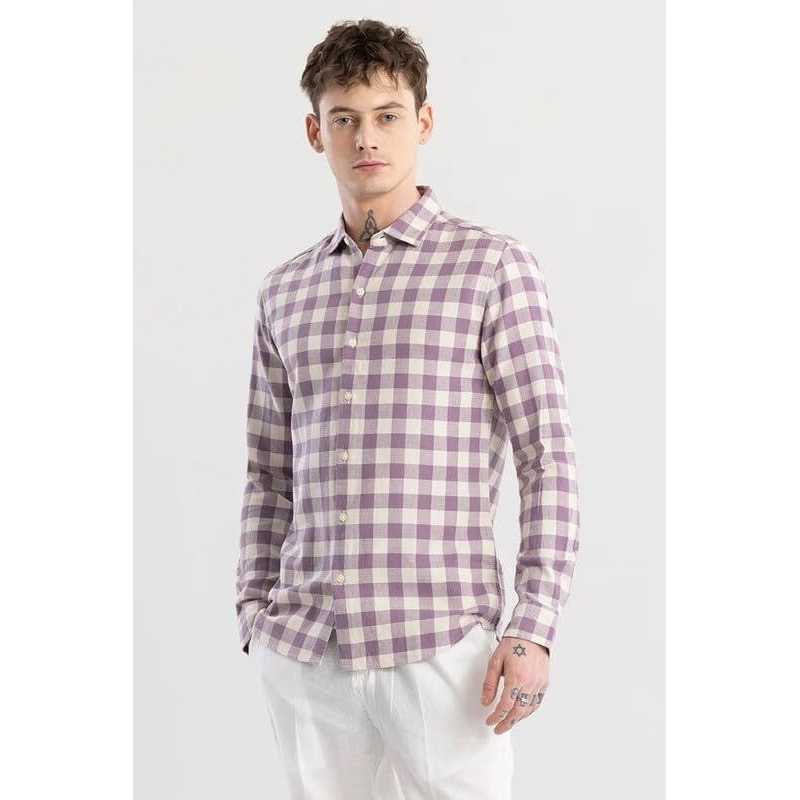 Men's Cotton Casual Printed Checkered Stylish Latest Shirt For Men (Purple Medium)