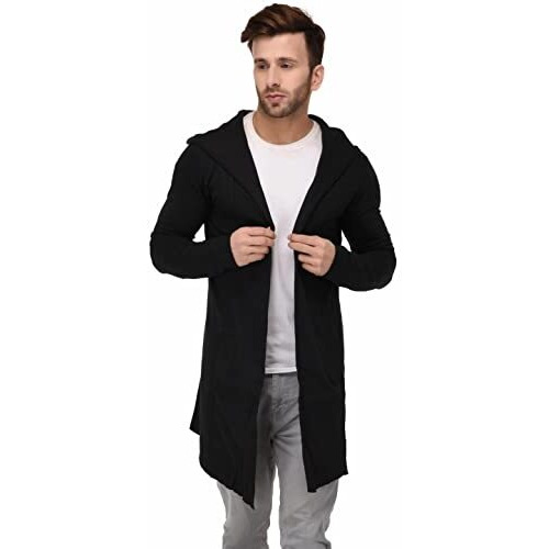 Denimholic Men's Cotton Blend Hooded Long Line Cardigan (Black, Large)